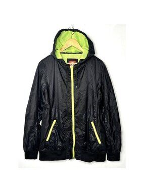 Element Mens Windbreaker Jacket L Black Neon Hooded Full Zip Thumb Holes Skate